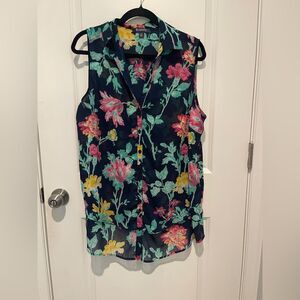 Roaman's Floral Sleeveless Blouse - Navy and Multicolor